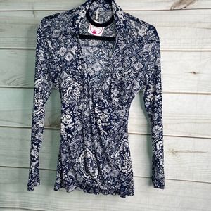 J9 DNA couture Medium Sheer Blue White pattern surplice long sleeve top